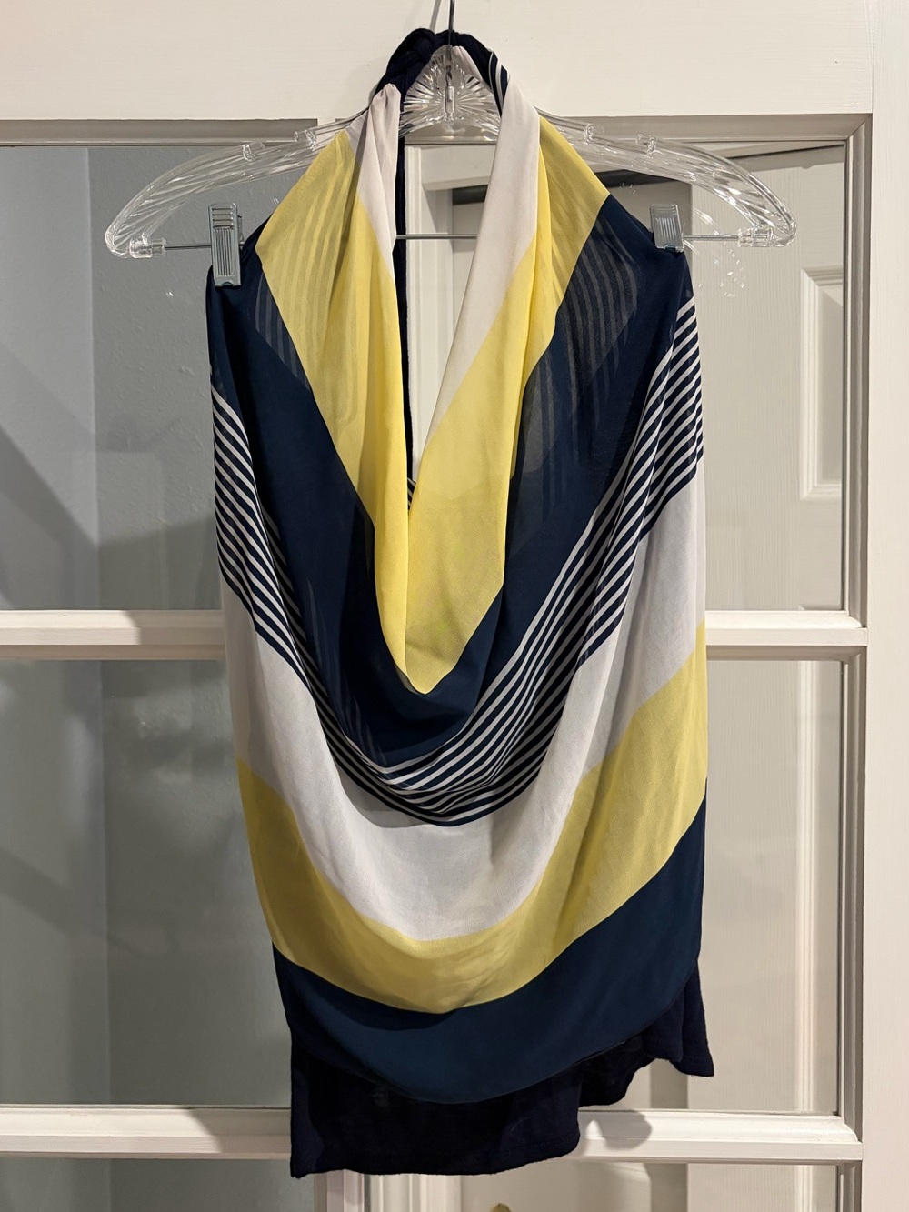Navy, Yellow & White Striped Halter Scarf Top with Navy Stretchy Waist and Back